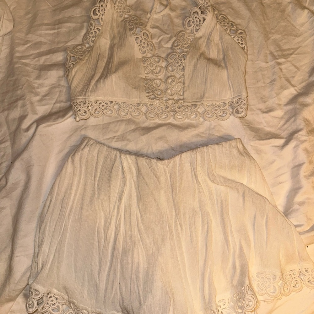White Lace Crop Top and Skirt Set